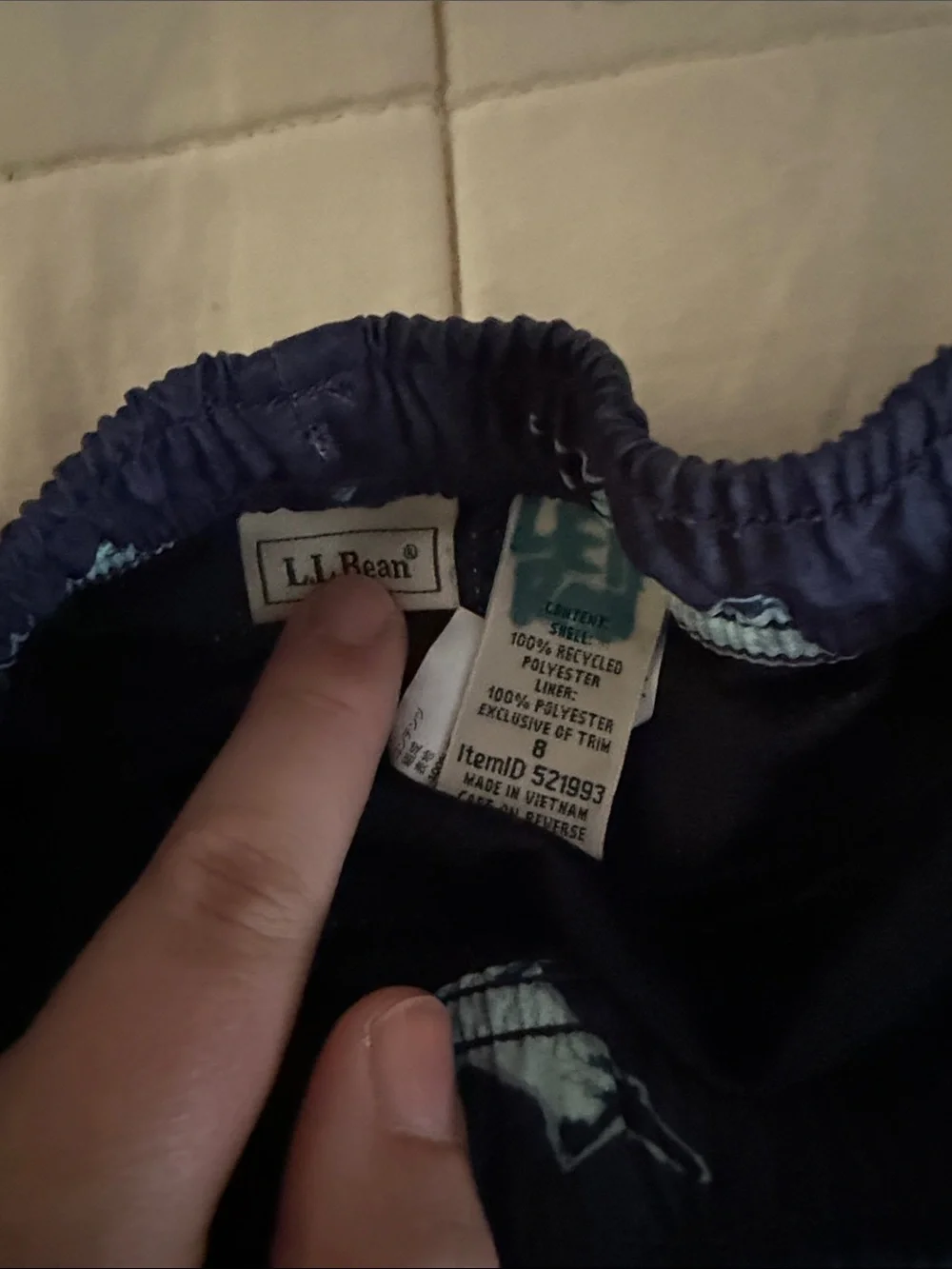 L.L. Bean Navy Blue Kids Swim Trunks with Teal Shark Print
